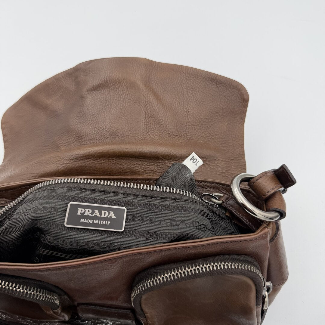 Prada Buckle Leather Brown Shoulder Bag