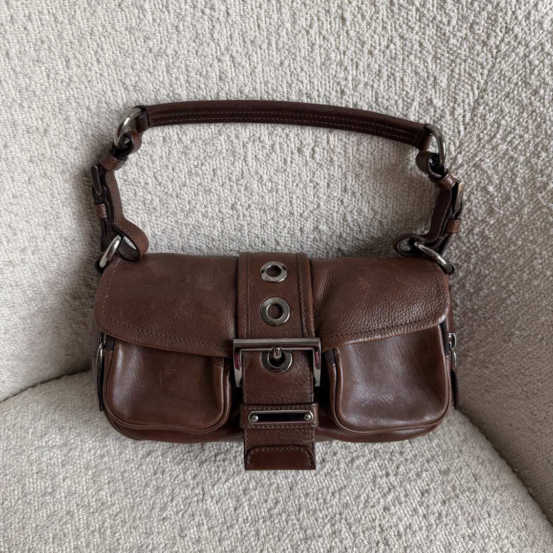 Prada Buckle Leather Brown Shoulder Bag