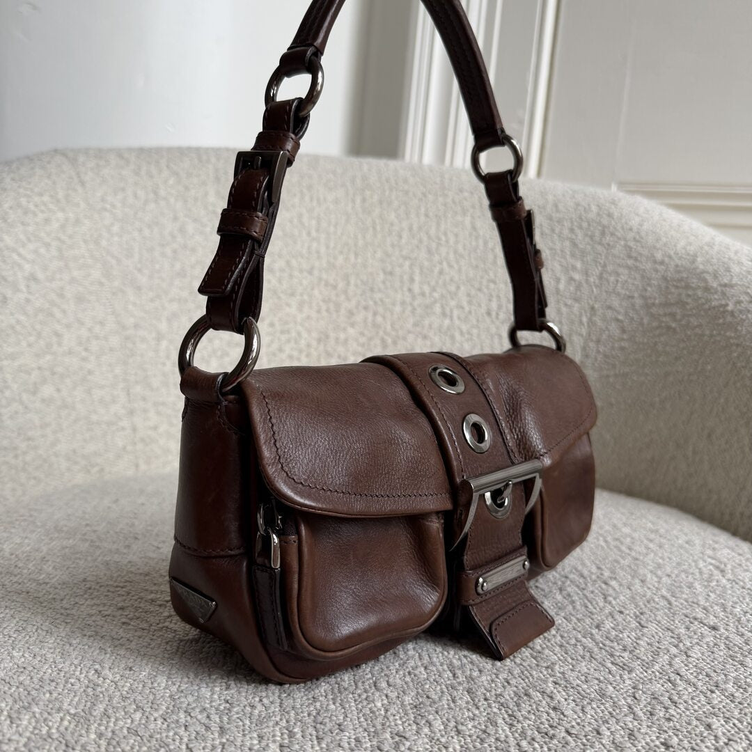 Prada Buckle Leather Brown Shoulder Bag