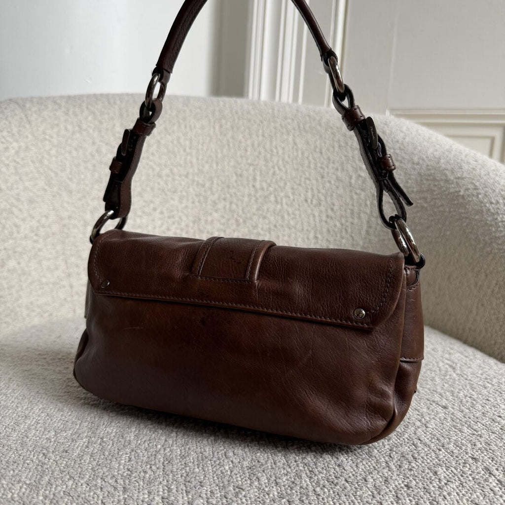 Prada Buckle Leather Brown Shoulder Bag