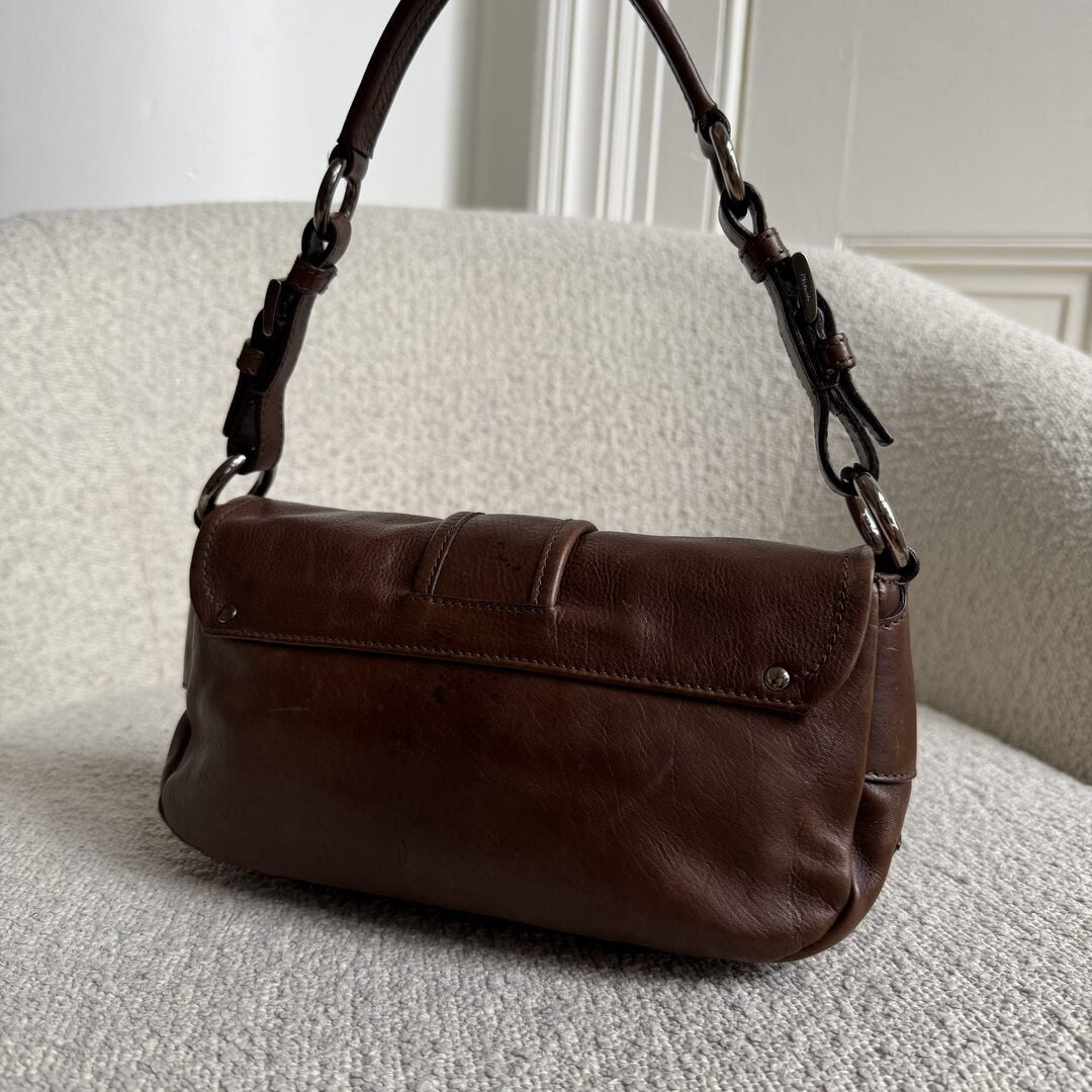 Prada Buckle Leather Brown Shoulder Bag
