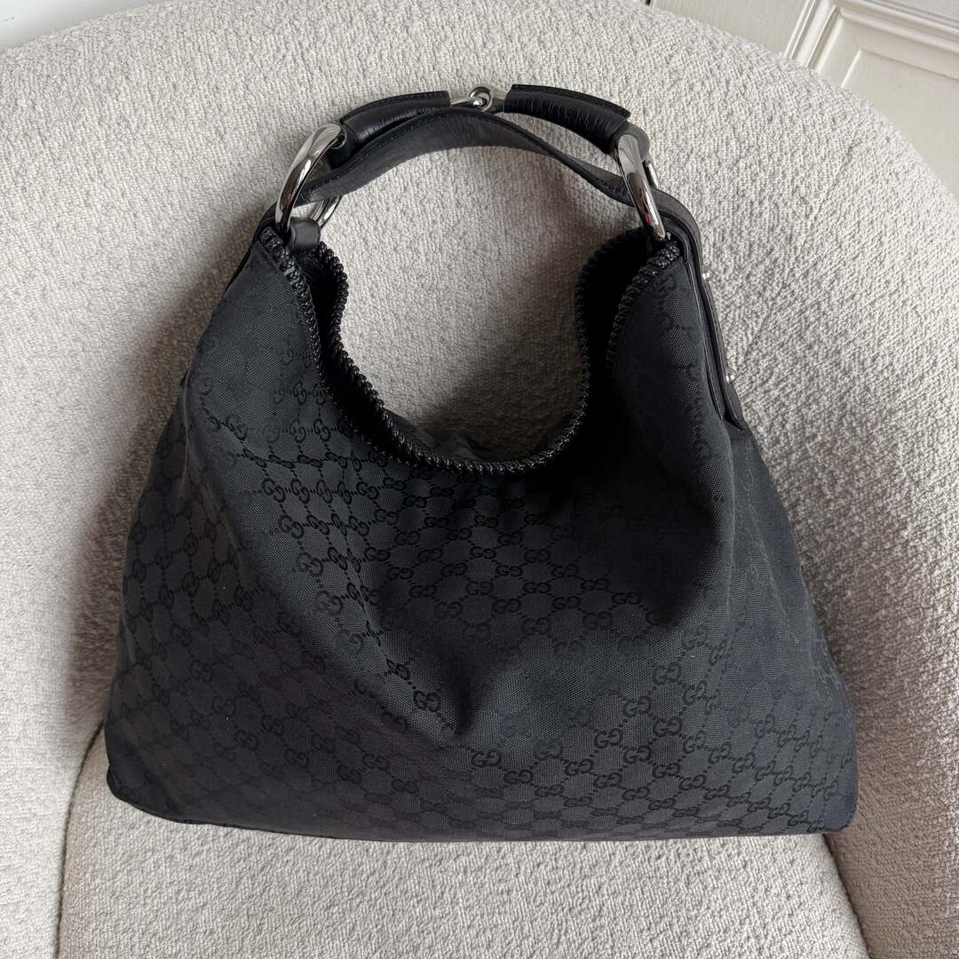 Gucci GG Canvas Horsebit Hobo Black Large Shoulder Bag
