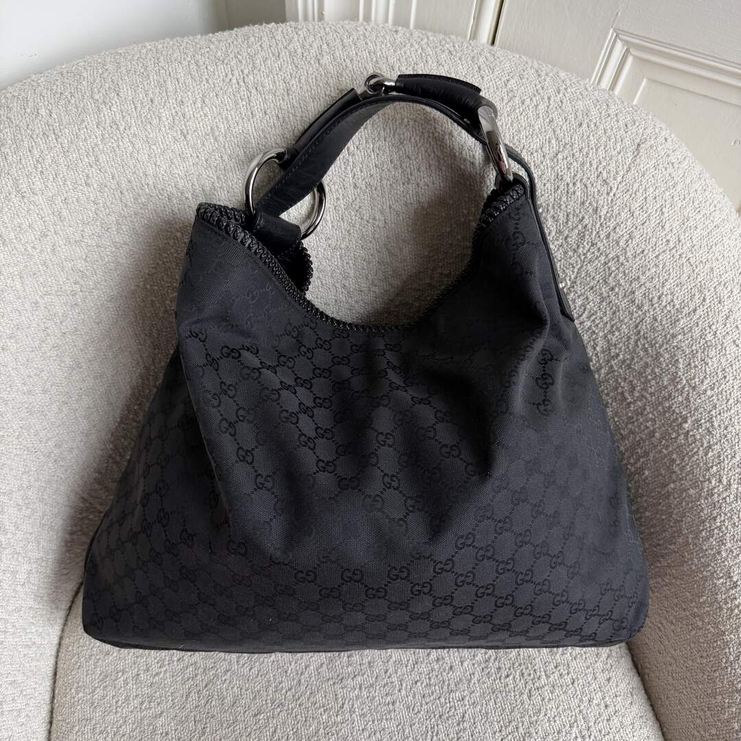 Gucci GG Canvas Horsebit Hobo Black Large Shoulder Bag
