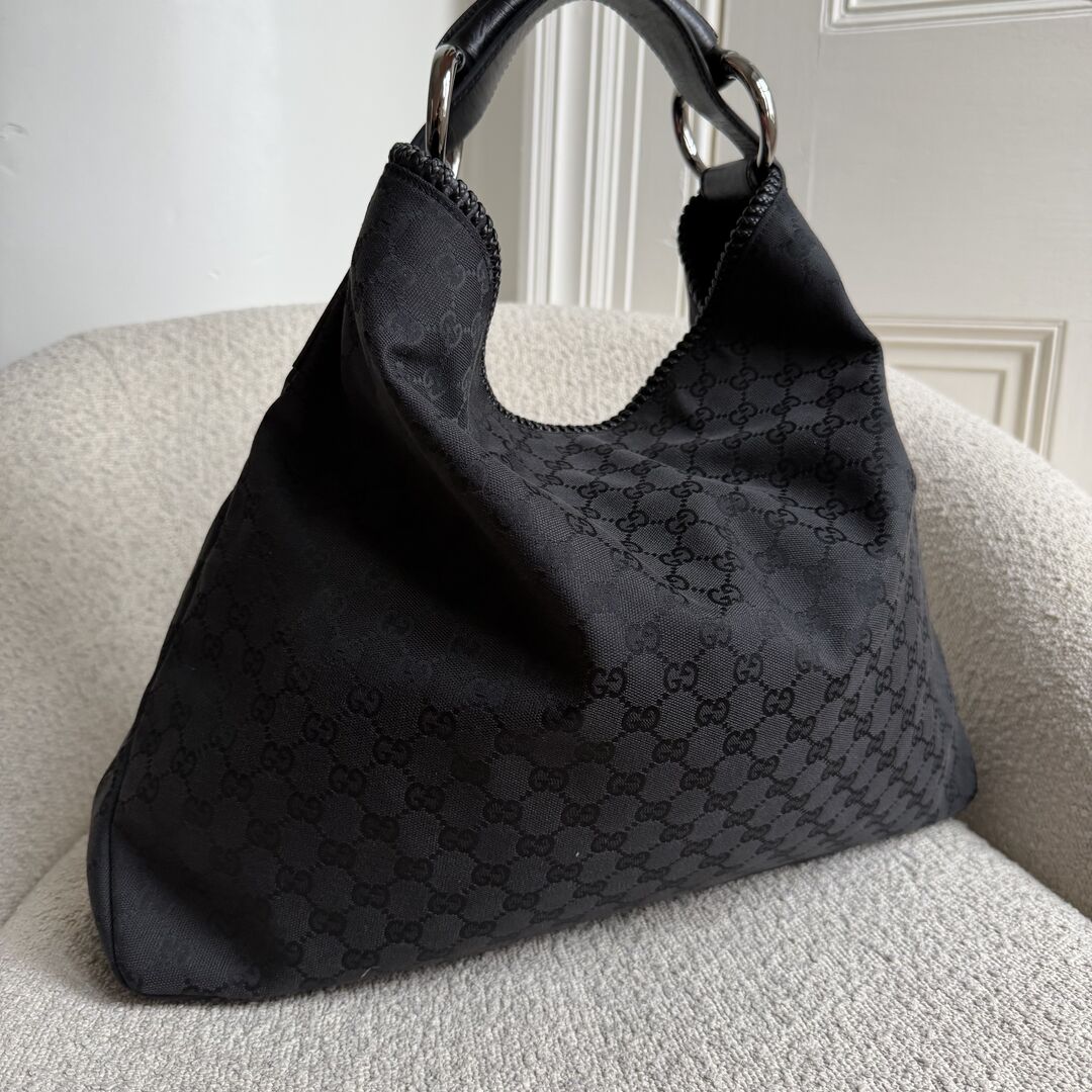 Gucci GG Canvas Horsebit Hobo Black Large Shoulder Bag