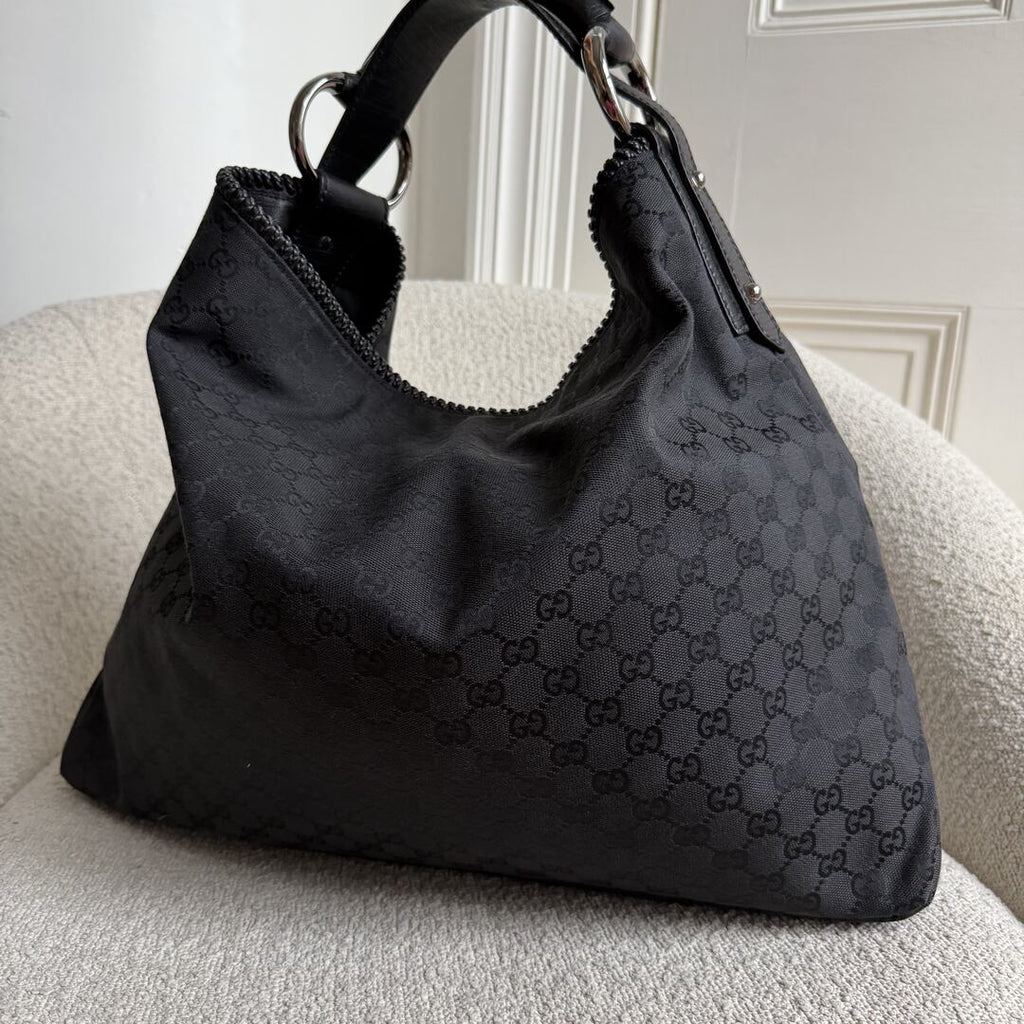 Gucci GG Canvas Horsebit Hobo Black Large Shoulder Bag