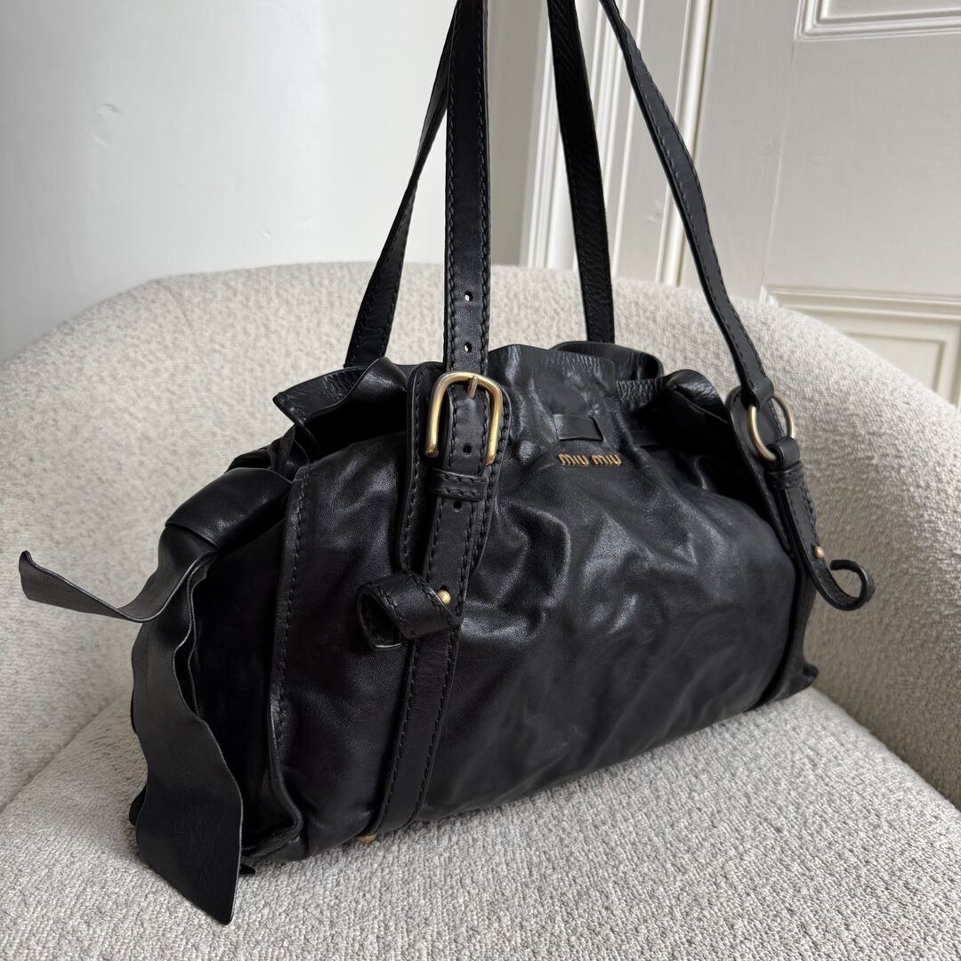 Miu Miu Vitello Black Leather Tote Bag