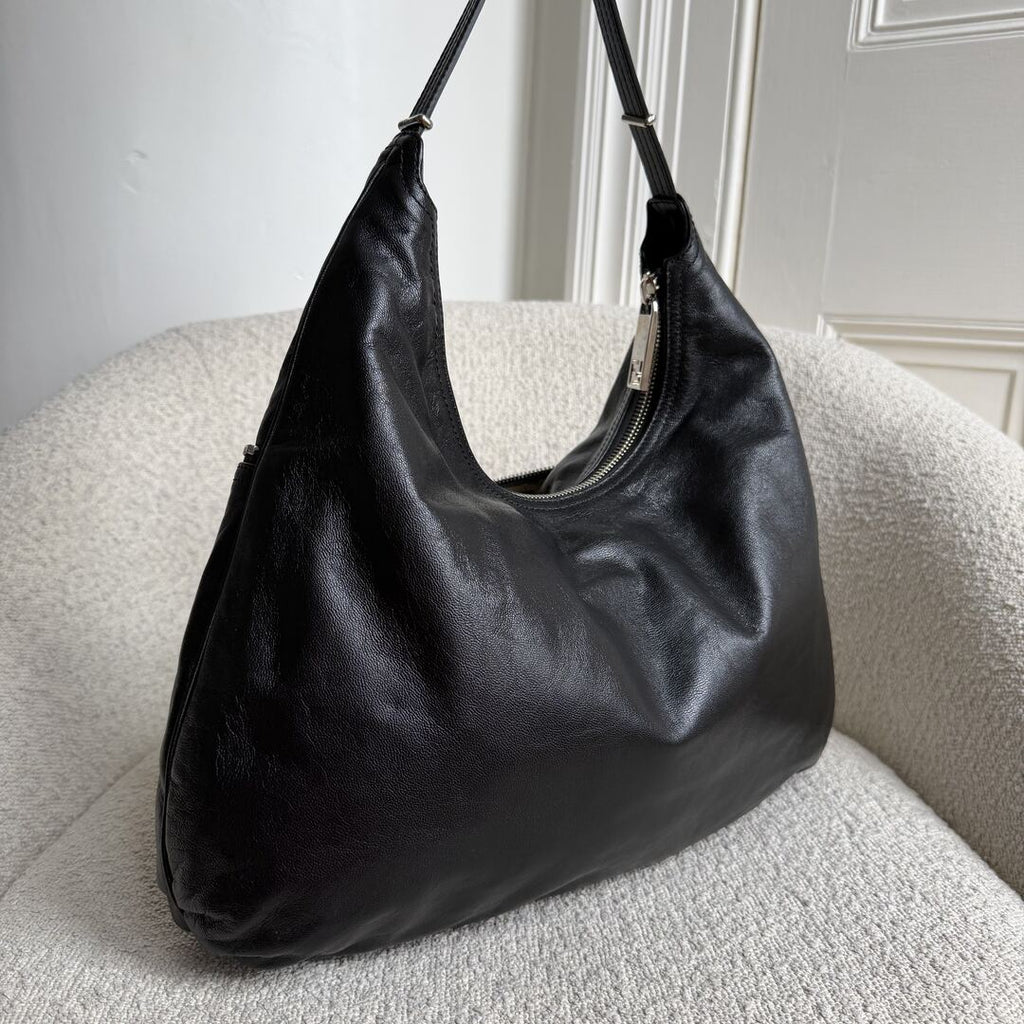 Fendi Unzipped Black Leather Large Shoulder Bag