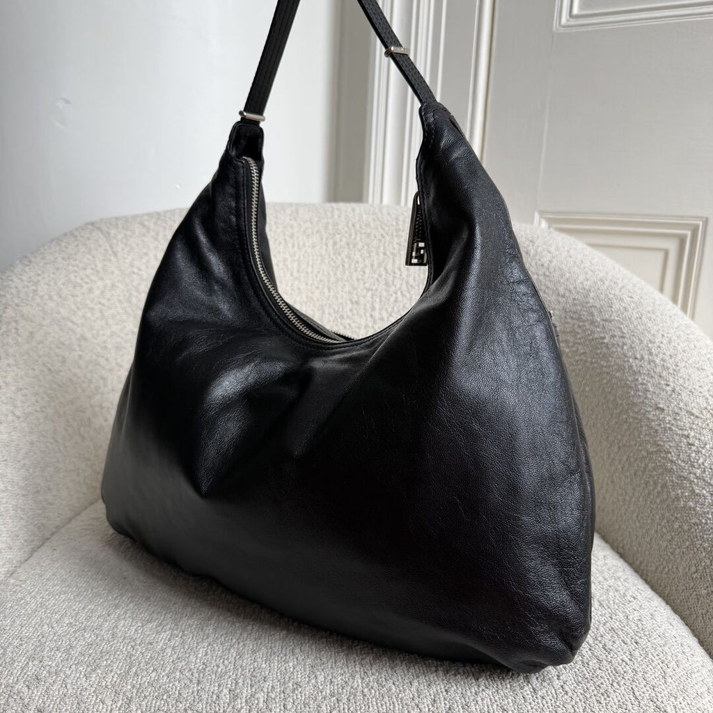 Fendi Unzipped Black Leather Large Shoulder Bag