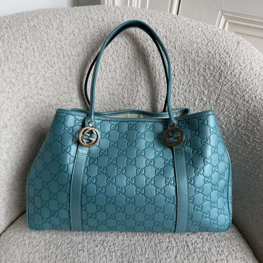 Rare Gucci Guccissima Twins Leather Blue Tote Bag