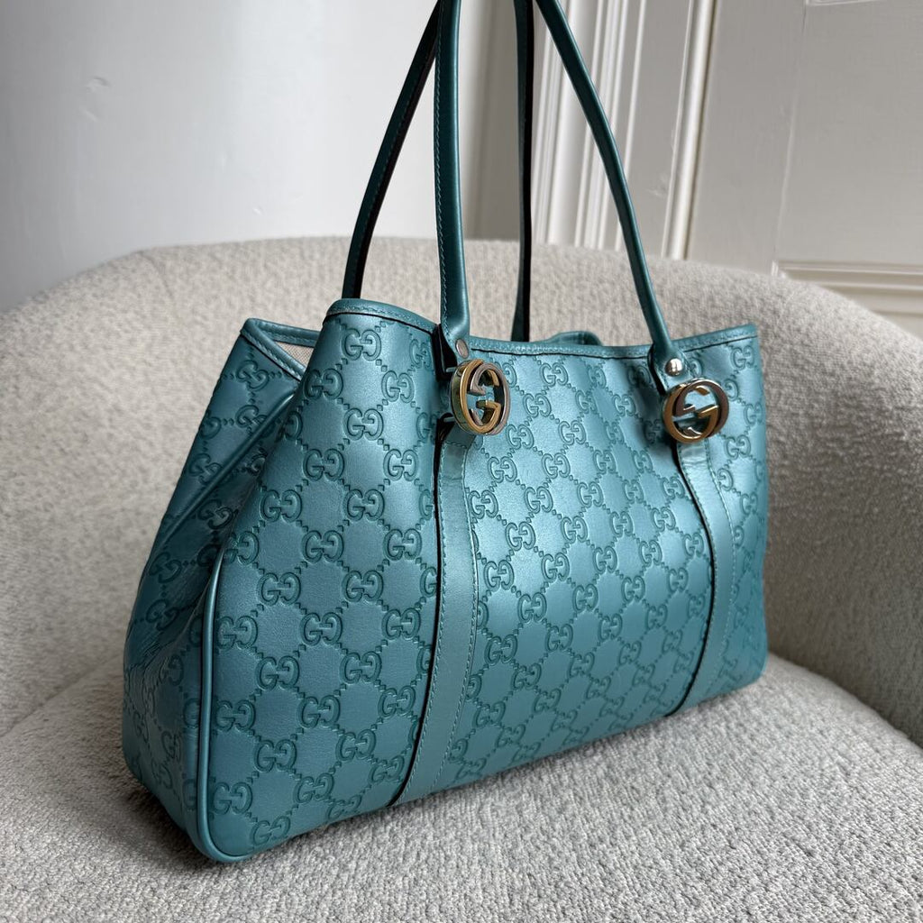 Rare Gucci Guccissima Twins Leather Blue Tote Bag