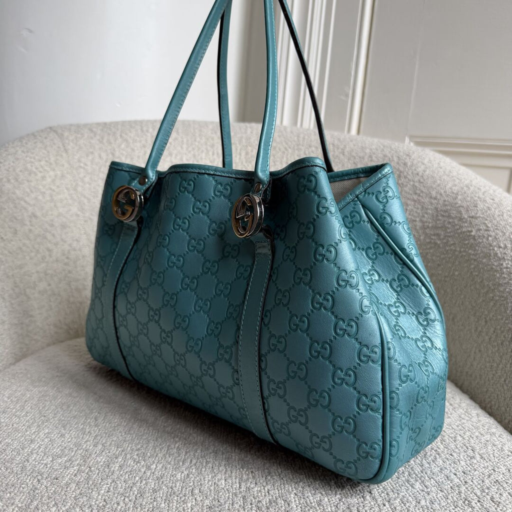 Rare Gucci Guccissima Twins Leather Blue Tote Bag