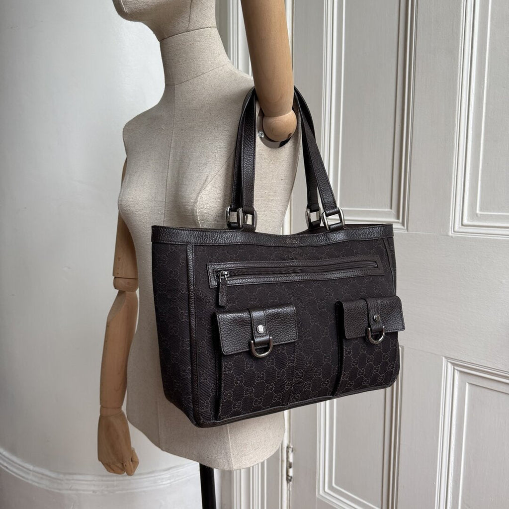 Gucci GG Canvas Abbey D-Ring Pocket Chocolate Brown Tote Bag