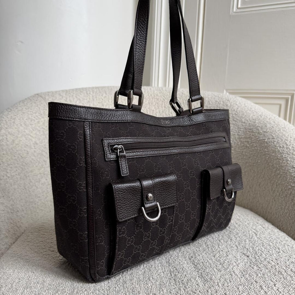Gucci GG Canvas Abbey D-Ring Pocket Chocolate Brown Tote Bag