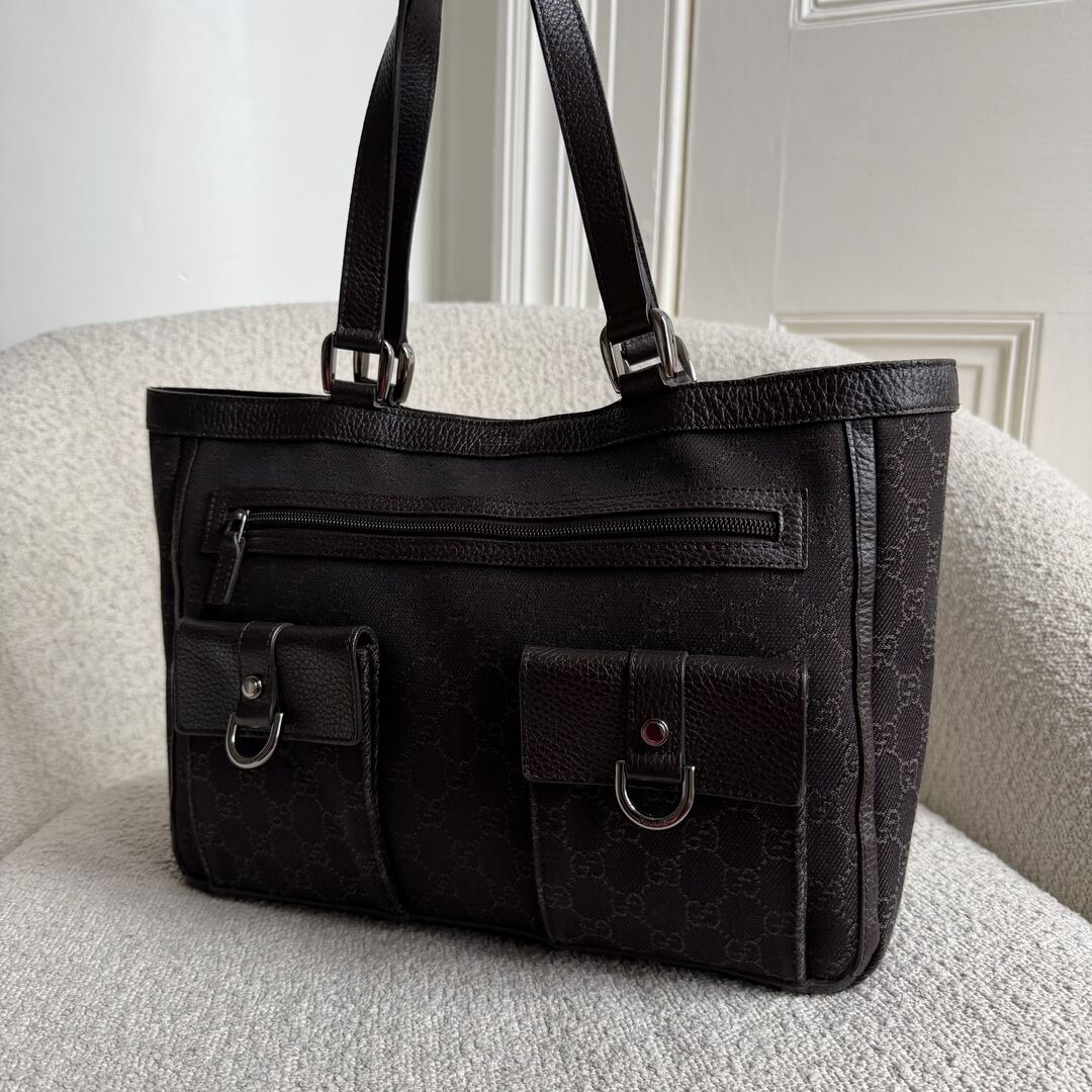 Gucci GG Canvas Abbey D-Ring Pocket Chocolate Brown Tote Bag