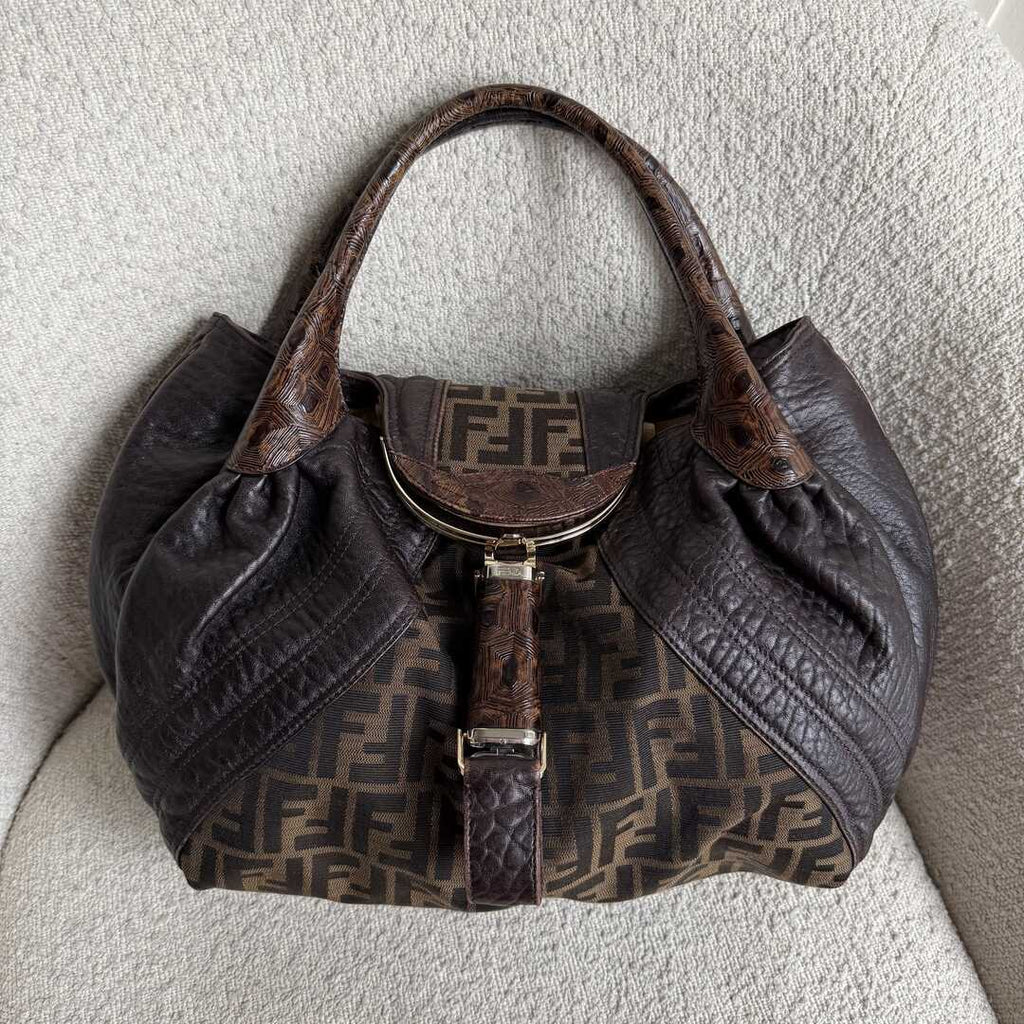 Fendi Zucca Spy Dark Brown Leather Handbag