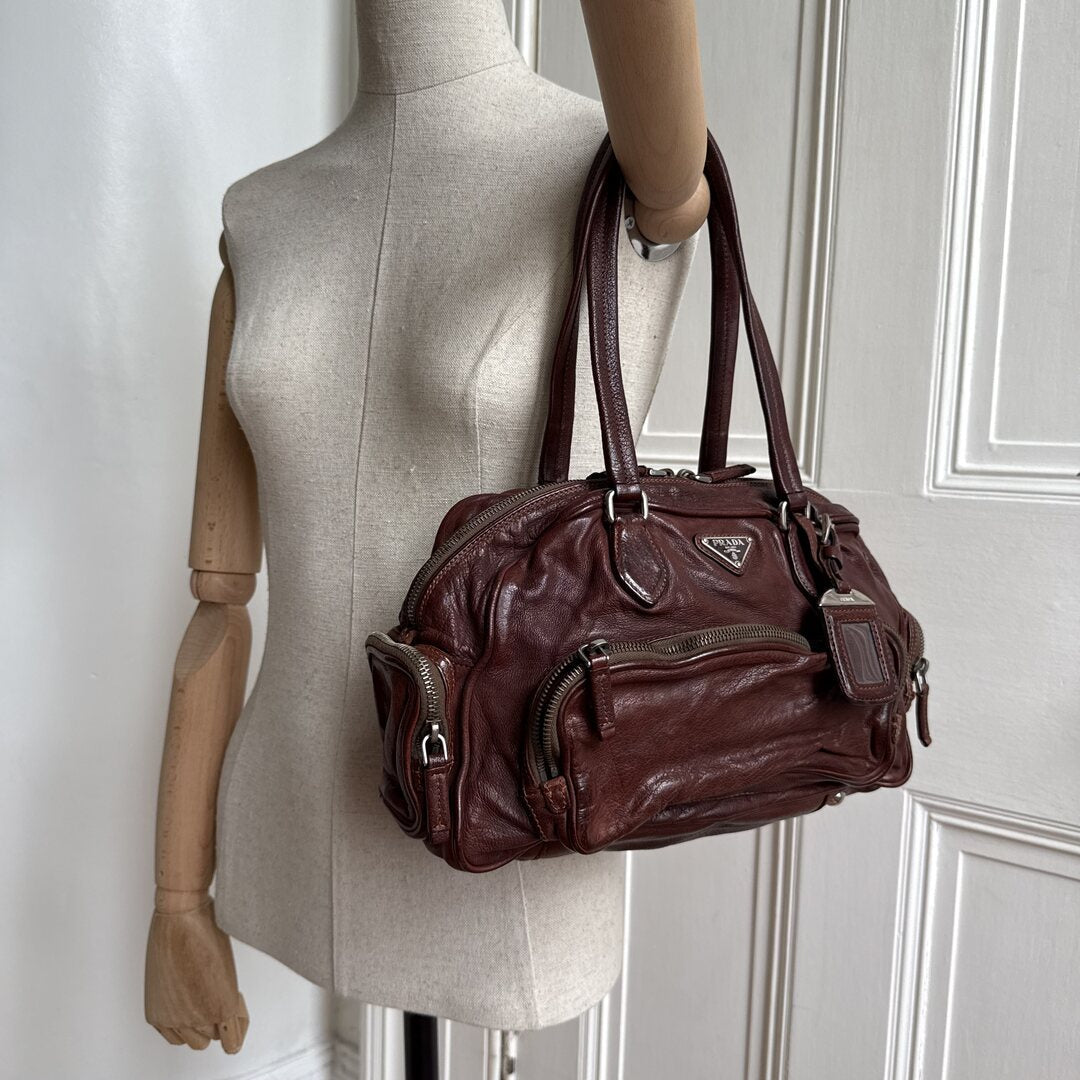 2006 Prada Washed Bauletto Brown Leather Shoulder Bag