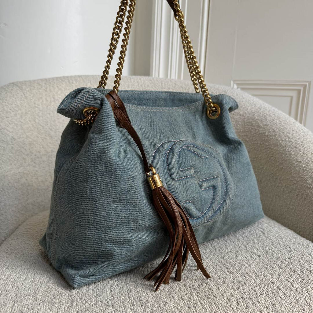 Gucci Soho Chain Denim Blue Tote Bag