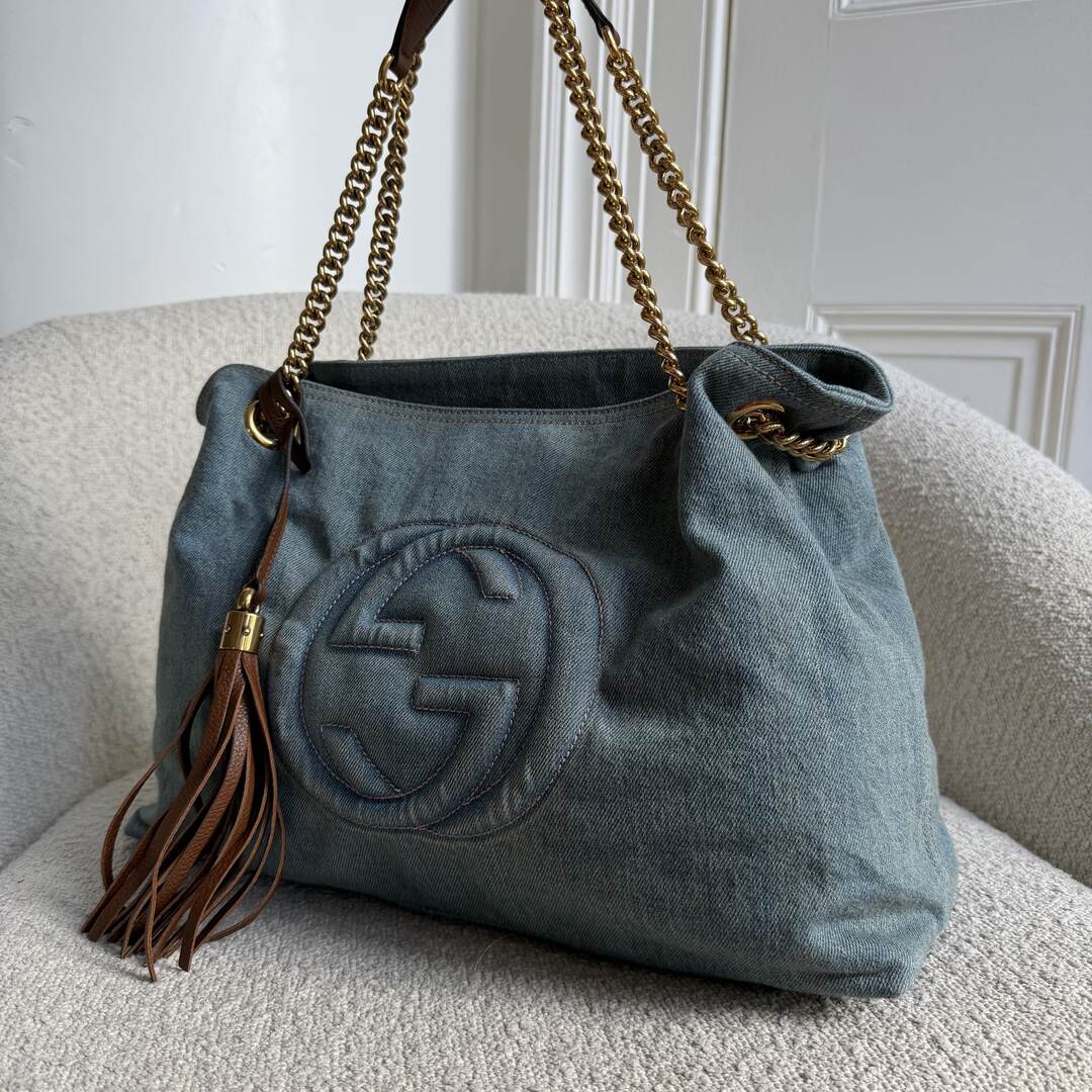 Gucci Soho Chain Denim Blue Tote Bag