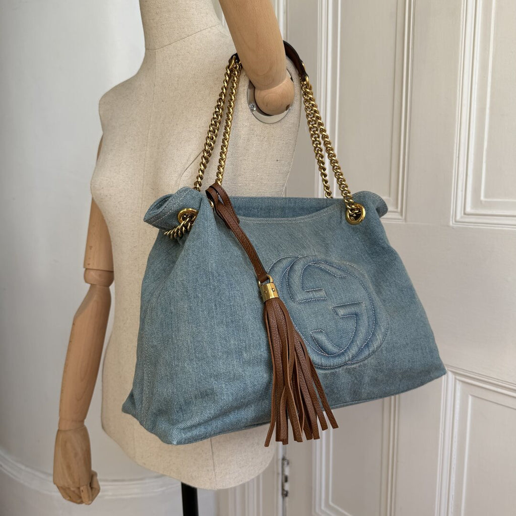 Gucci Soho Chain Denim Blue Tote Bag