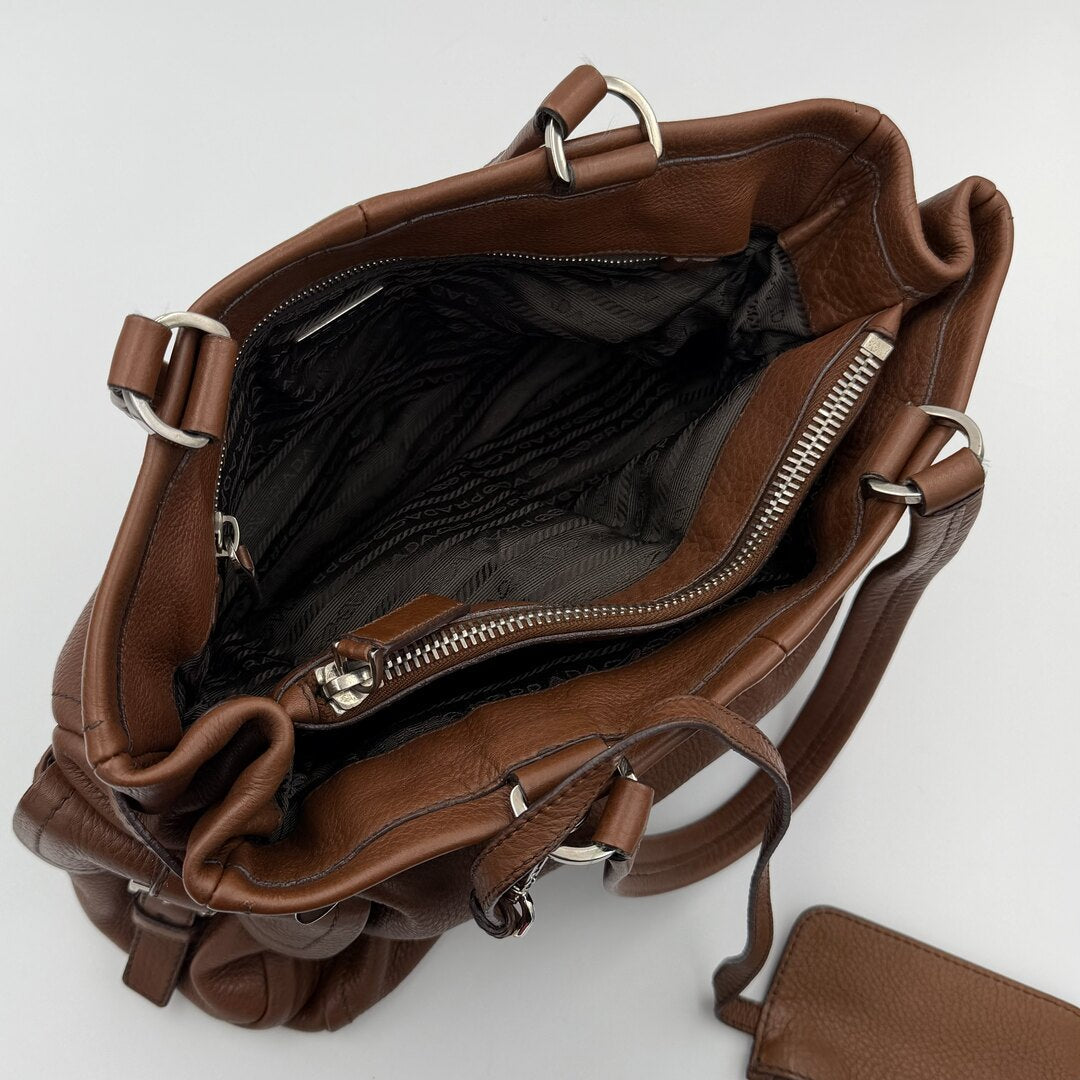Prada Vitello Daino Leather Brown Tote Bag