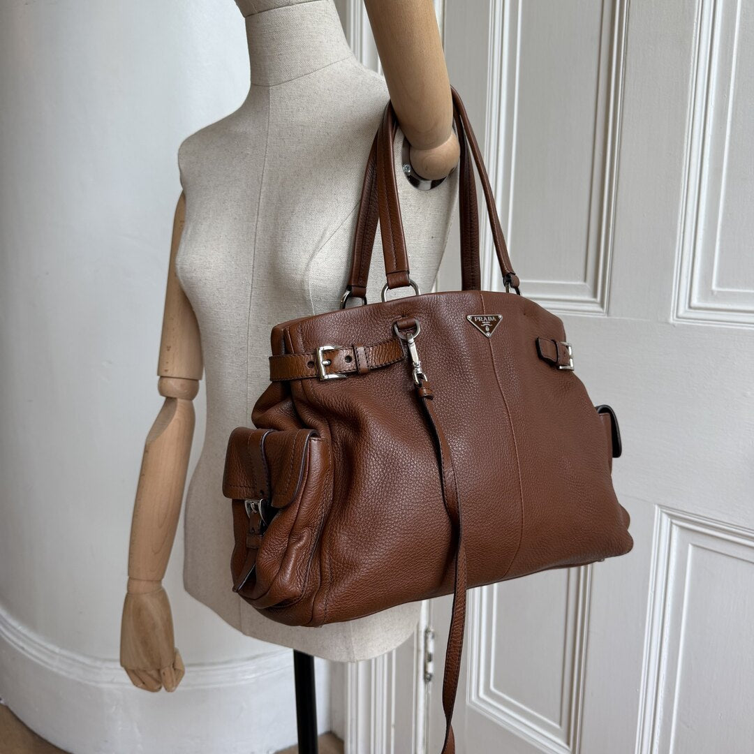 Prada Vitello Daino Leather Brown Tote Bag